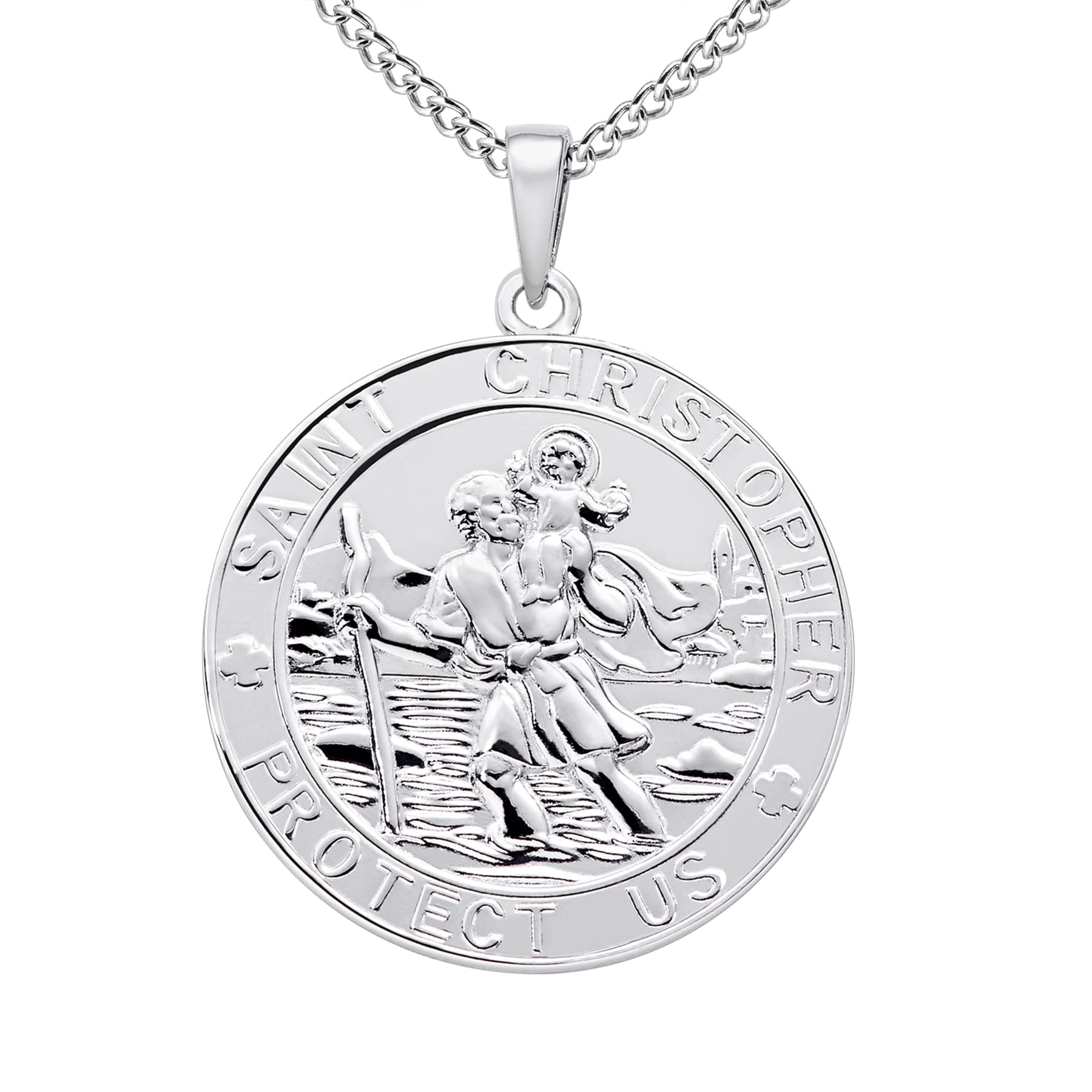FJ St Christopher Necklace for Men Women 925 Sterling Silver Saint Christopher Necklace Round Antiqued Religious Protector Talisman Pendant with 24" Chain โ image 1