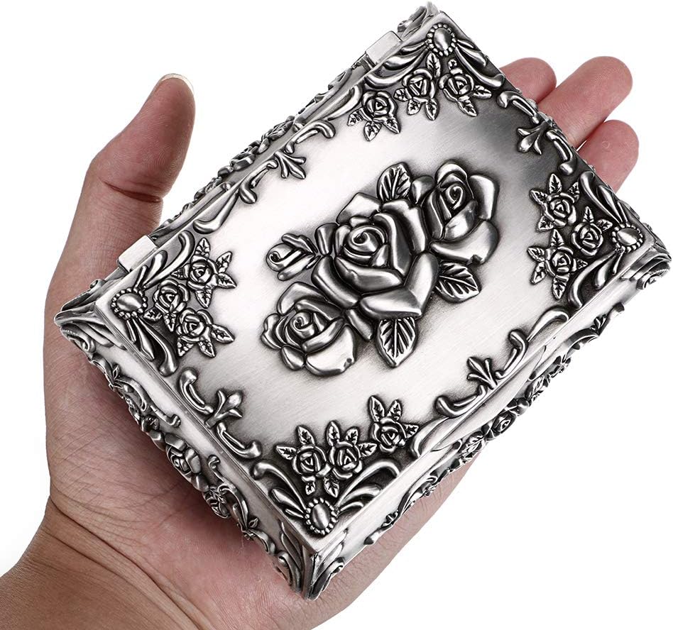 Hipiwe Vintage Metal Jewelry Box Small Trinket Jewelry Storage Box for Rings Earrings Necklace Treasure Chest Organizer Antique Jewelry Keepsake Gift Box Case for Girl Women (Medium): Home & Kitchen