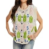 KEOMUD Sweater Vest Women Crewneck Button Down Floral Knit Top Oversize Embroidered Sleeveless Cardigan