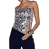 YYA Women's Silver Strapless Sequin Cowl Neck Crop Top Sleeveless Cami Tank Tops, S-XL