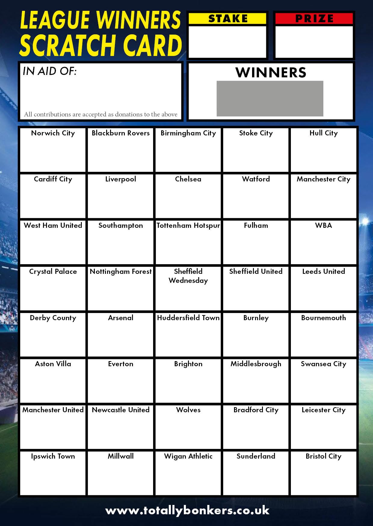 Totally Bonkers - Football Fundraising Scratch Cards - 40 SQUARE - A6 (148x105mm) -10 Pack - TB0002 - Blind Card