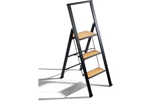 Step Ladder 3 Step Folding, Decorative - Beautiful Bamboo & Black Aluminum, Ultra Slim Profile, Anti Slip Steps, Sturdy-Portable for Home, Office, Kitchen, Photography Use,by SORFEY