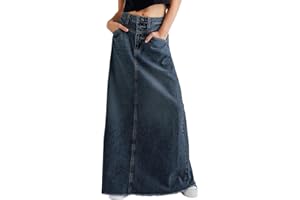 CHARTOU Women Vintage Denim Maxi Skirt Frayed Raw Hem High Waist A-Line Long Jean Skirt