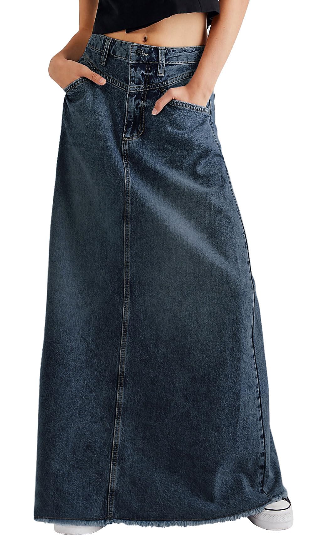 Photo 1 of CHARTOU Women Vintage Denim Maxi Skirt Frayed Raw Hem High Waist A-Line Long Jean Skirt (Small, Dark Blue)