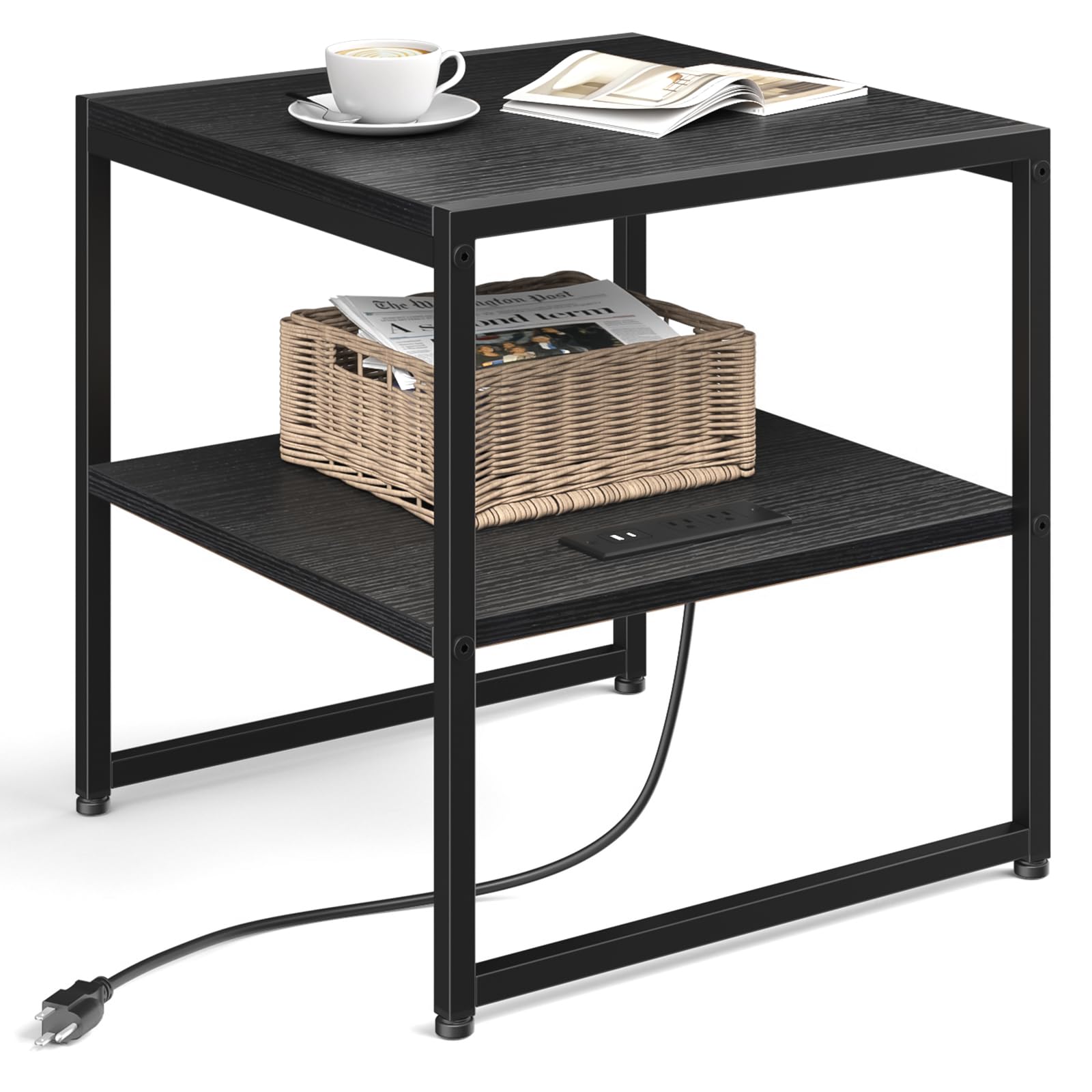 Photo 1 of Tatub 20" End Table with Charging Station, Industrial Square Side Table with USB Ports & Outlets, Versatile 2-Tier Small Nightstand for Bedroom Living Room, Black