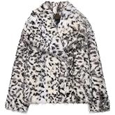 Perbai Women's Cropped Faux Fur Jacket Leopard Printed Lapel Open Front Shaggy Furry Winter Coat