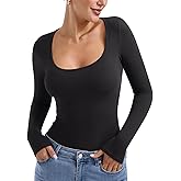 PINKMSTYLE Fitted Long Sleeve Shirt for Women Under Shirts Slim Scoop Neck Tops Basic Casual Cute Fall Outfits