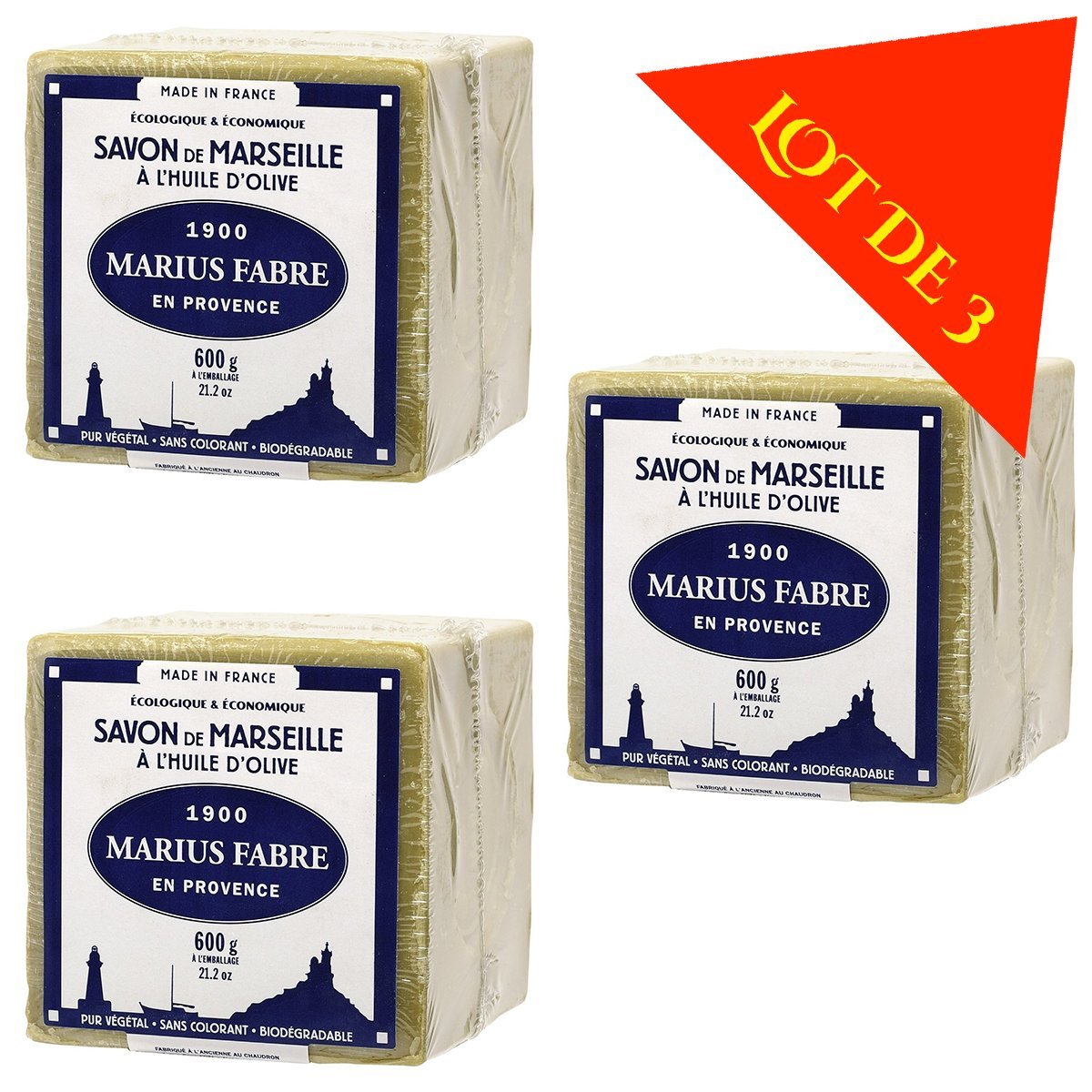 Lot of 3 soaps Marius Fabre Cube of Pure Marseilles Soap (600G, Green (Olive Oil)) …