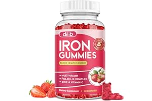DILIB Iron Gummies with Multivitamin, Iron Supplement for Women & Men with Zinc, Vitamin B Complex & C, B12, Folate - Blood Builder & Energy Support for Adults & Kids - Strawberry Flavor, Vegan 60 Gummies
