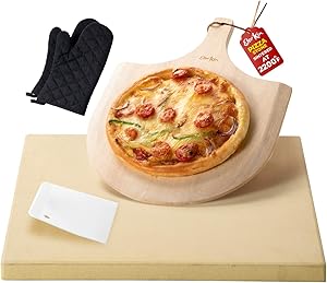 Elevkin Pizza Stone for Oven and Grill/BBQ, Durable Cordierite Grill Pizza Stone with Free Wooden Pizza Peel Paddle and Oven Mitts, 15x12 Inch Baking Stone for Pizza, Bread, Baguette, Pies