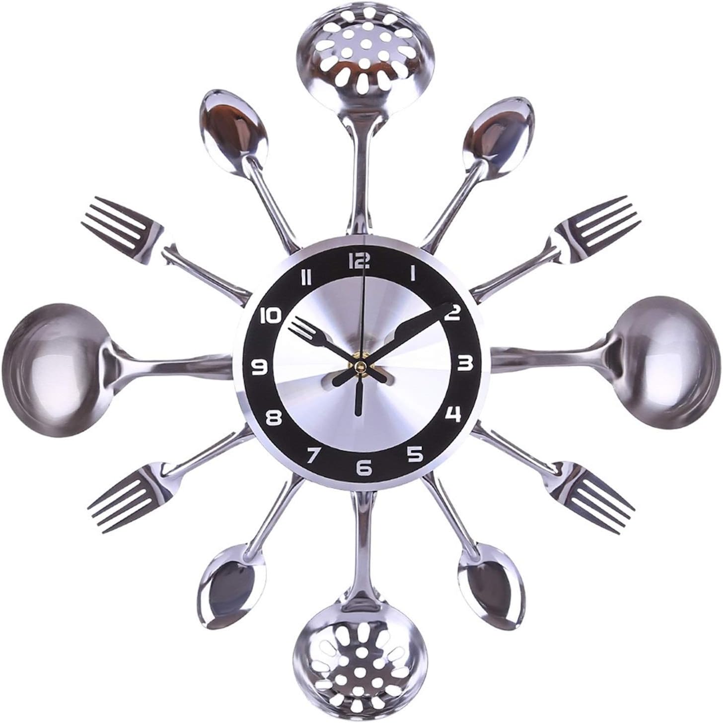 hehuanxiao Wall Clock 35cm Stainless Steel Kitchen Spoon Fork Clock Silent Wall Clock for Home Decor - Silver