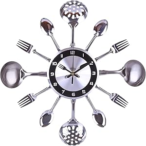 hehuanxiao Wall Clock 35cm Stainless Steel Kitchen Spoon Fork Clock Silent Wall Clock for Home Decor - Silver