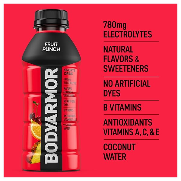 BODYARMOR SPORTS DRINK SPORTS BEVERAGE, FRUIT PUNCH, COCONUT WATER HYDRATION, NATURAL FLAVORS WITH VITAMINS, POTASSIUM-PACKED ELECTROLYTES, PERFECT FOR ATHLETES, 16 FL OZ (PACK OF 12)