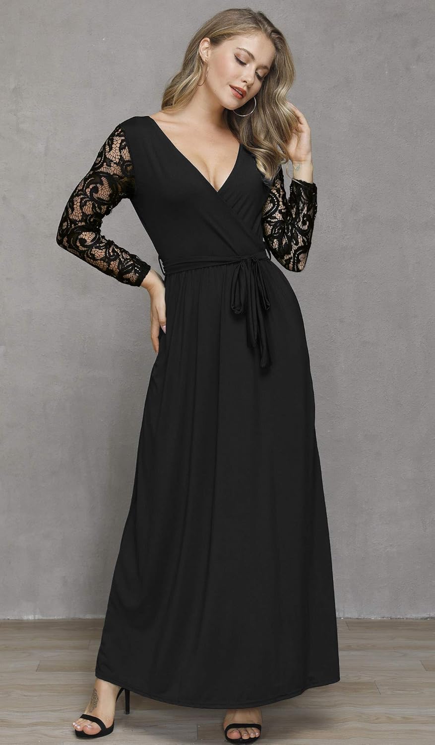 Spadehill Women's Faux Wrap V-Neck Lace Sleeve Maxi Dresses: Clothing