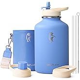 Coolflask 64 oz Water Bottle Insulated with PU Leather Sleeve, Half Gallon Water Bottle Color Contrast with Straw Lids, Stainless Steel Metal Large Water Jug, Keep Cold 48h Hot 24h,Sky Blue