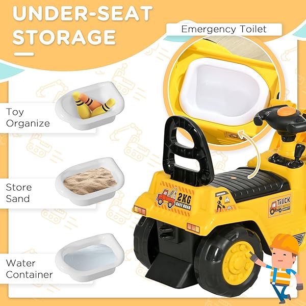 HOMCOM RIDE ON EXCAVATOR, KIDS BULLDOZER PULL CART WITH HORN, UNDER SEAT STORAGE, SIT AND SCOOT PRETEND PLAY TOY CONSTRUCTION CAR FOR AGES 18-48 MONTHS