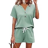 AKEWEI Womens Two Piece Outfits Summer Lounge Sets Tracksuit V Neck Buttons Down Tops and Shorts Set with Pockets