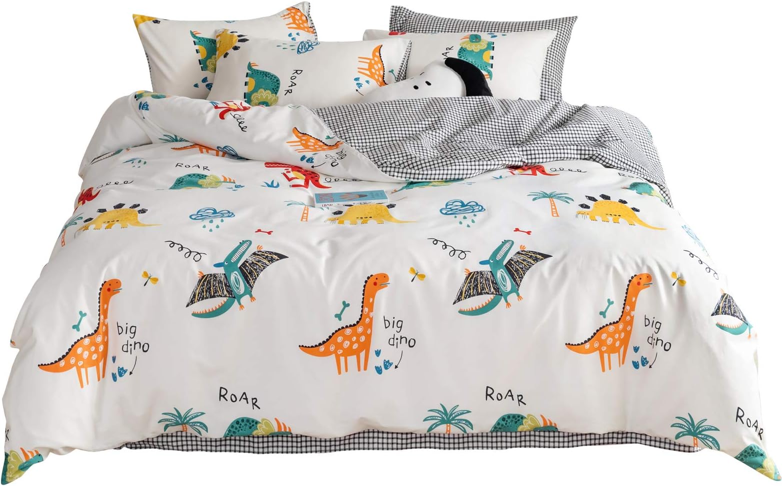 AOJIM Big Dino Cartoon Dinosaur Duvet Cover Animal Print Bedding Set 3 PCS Pure Cotton Color Dinosaur Sauropoda Comforter Cover Twin Size for Boys/Teens/Men