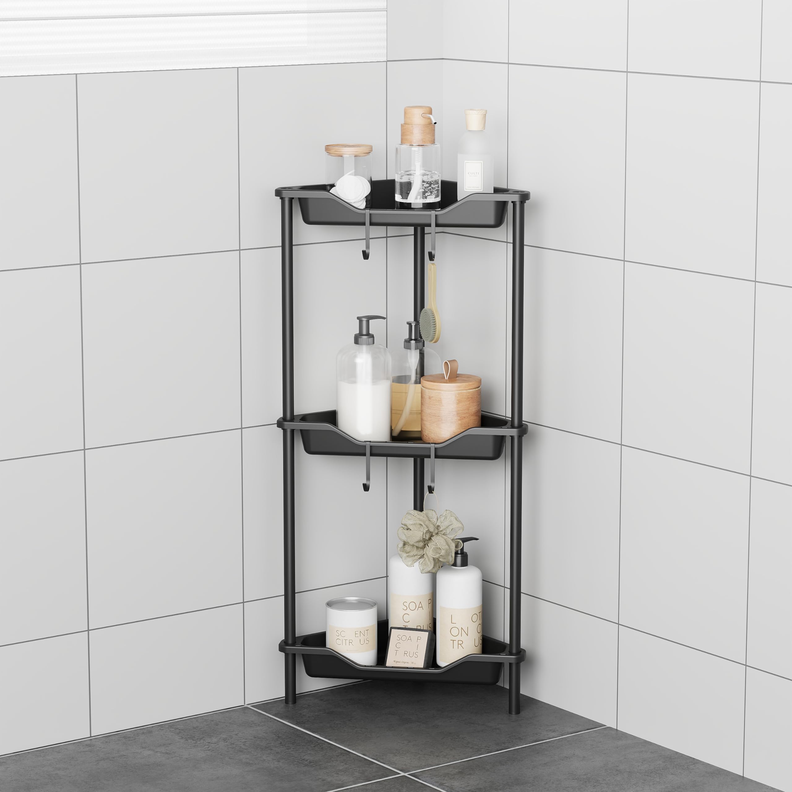 Photo 1 of 3 Tier Corner Shower Caddy Standing Floor Standing Corner Shower Caddy Organizer Shower Table Plastic Metal Splicing Shelf Storage Rack for Bathroom Black - Rustproof
