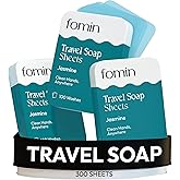 FOMIN - Paper Soap Sheets for Traveling - 300 Jasmine Portable Hand Soap Sheets for Travel in Tin - Dissolvable Mini Portable Travel Soap Sheet for Hand Washing, Camping and Hiking