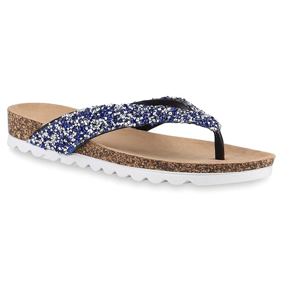 Stiefelparadies Damen Sandalen Zehentrenner Glitzer Korkoptik Flandell