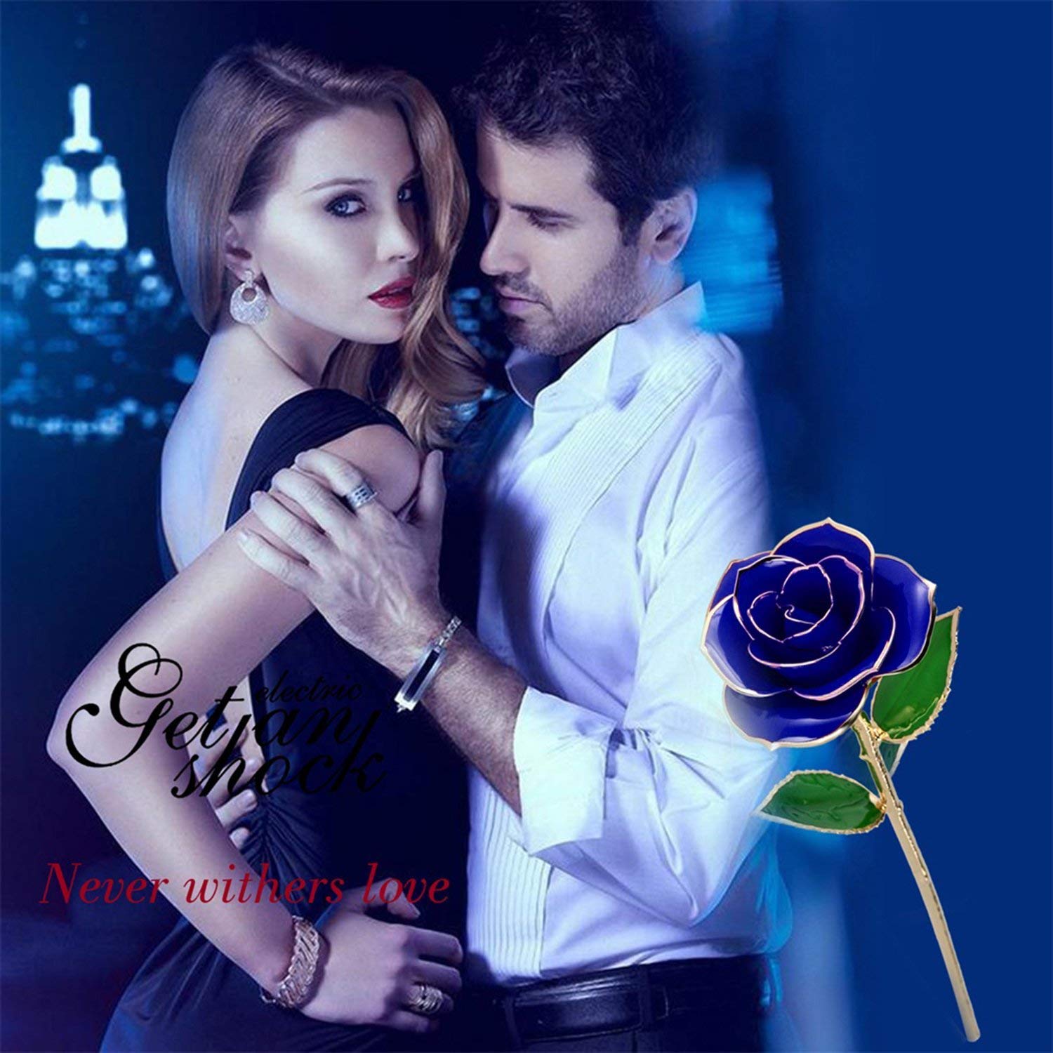 NICEAO 24K Gold Foil Trim Red Rose Flower Long Stem with Transparent Stand, Best Gift for Valentines Day, Mothers Day, Anniversary, Wedding, Birthday Gift, Treating Yourself (Blue)