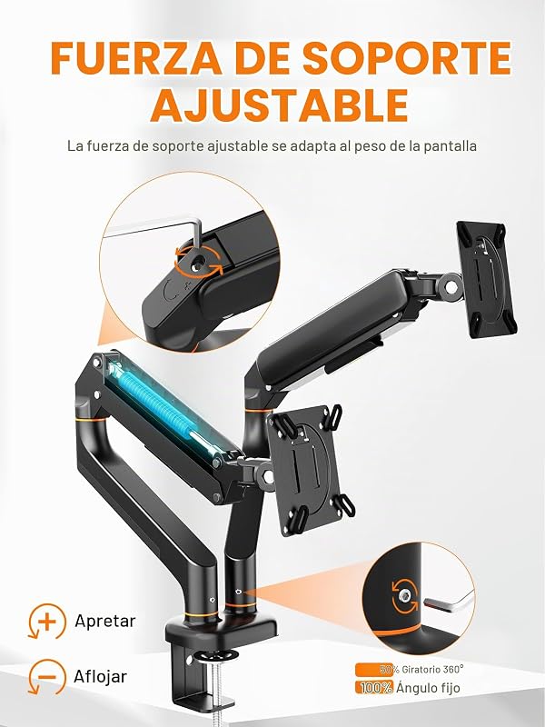 Soporte de Monitor Doble para Pantallas de 13"-27", Brazo de Gas Ajustable, Soporta 2 Monitores, Inclinación, Giro y Rotación con Base de Montaje C-Clamp y Grommet, VESA 75/100mm (MA001-2)