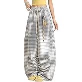 Elincho Women Plaid Cargo Pants Drawstring High Waisted Wide Leg Y2K Casual Trousers Trendy Baggy Streetwear Parachute Pants