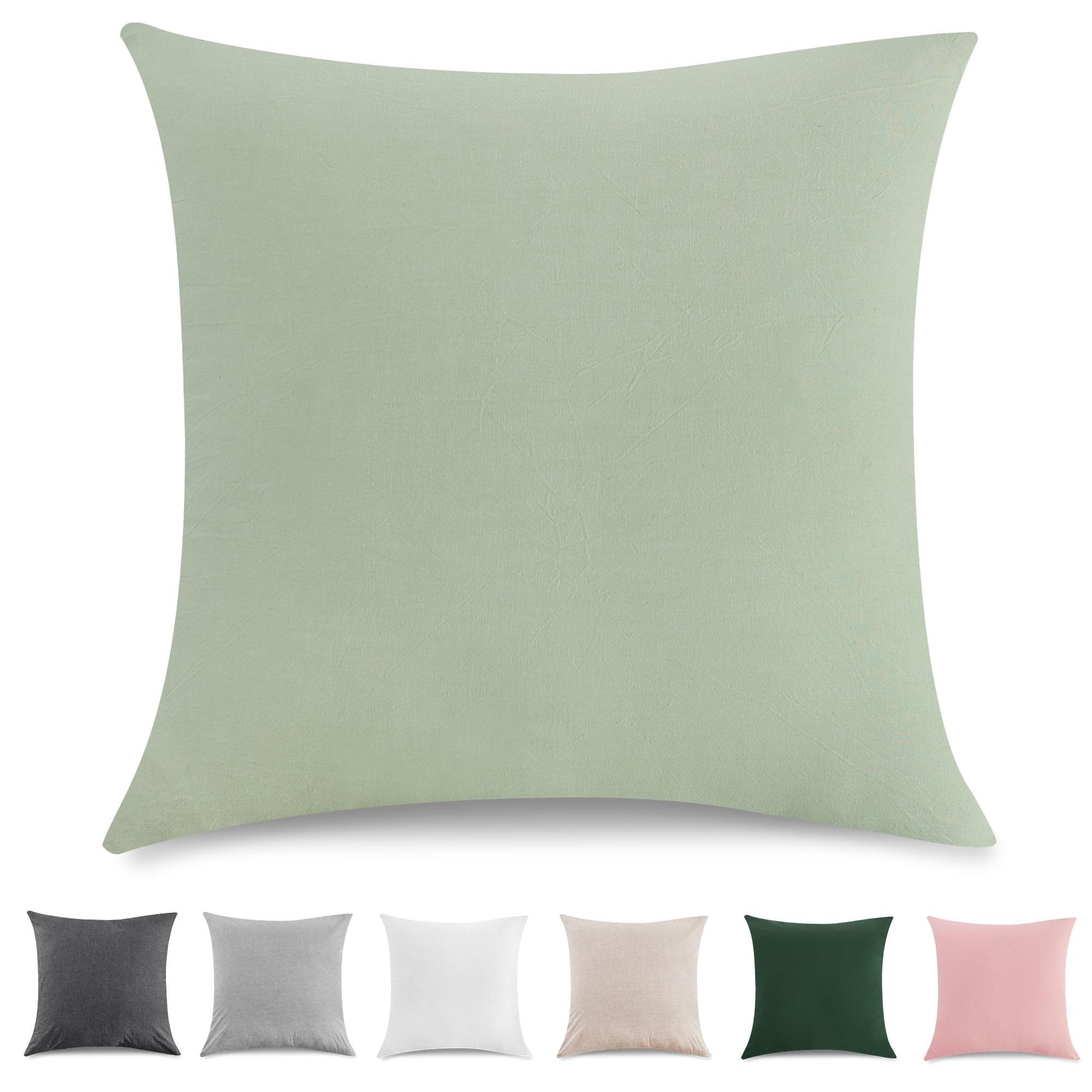 TOCOMOA Cushion Cover 80 x 80 cm Set of 2 - 100% Washed Cotton Cushion Covers Oeko-Tex Certified, Linen Look and Breathable Cushion Slip, Light Green Pillowcase with Zip