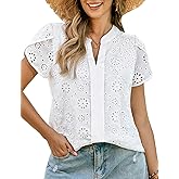 Kate Kasin Women Eyelet Spring Summer Tops, Dressy Casual Petal Short Sleeves Shirts, V Neck Lace Embroidered Blouses