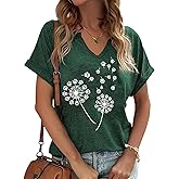 PUCKOLITY Vintage Flowers V Neck Shirt for Women Boho Floral Wildflowers Graphic Tee Casual Cottagecore Summer T Shirt