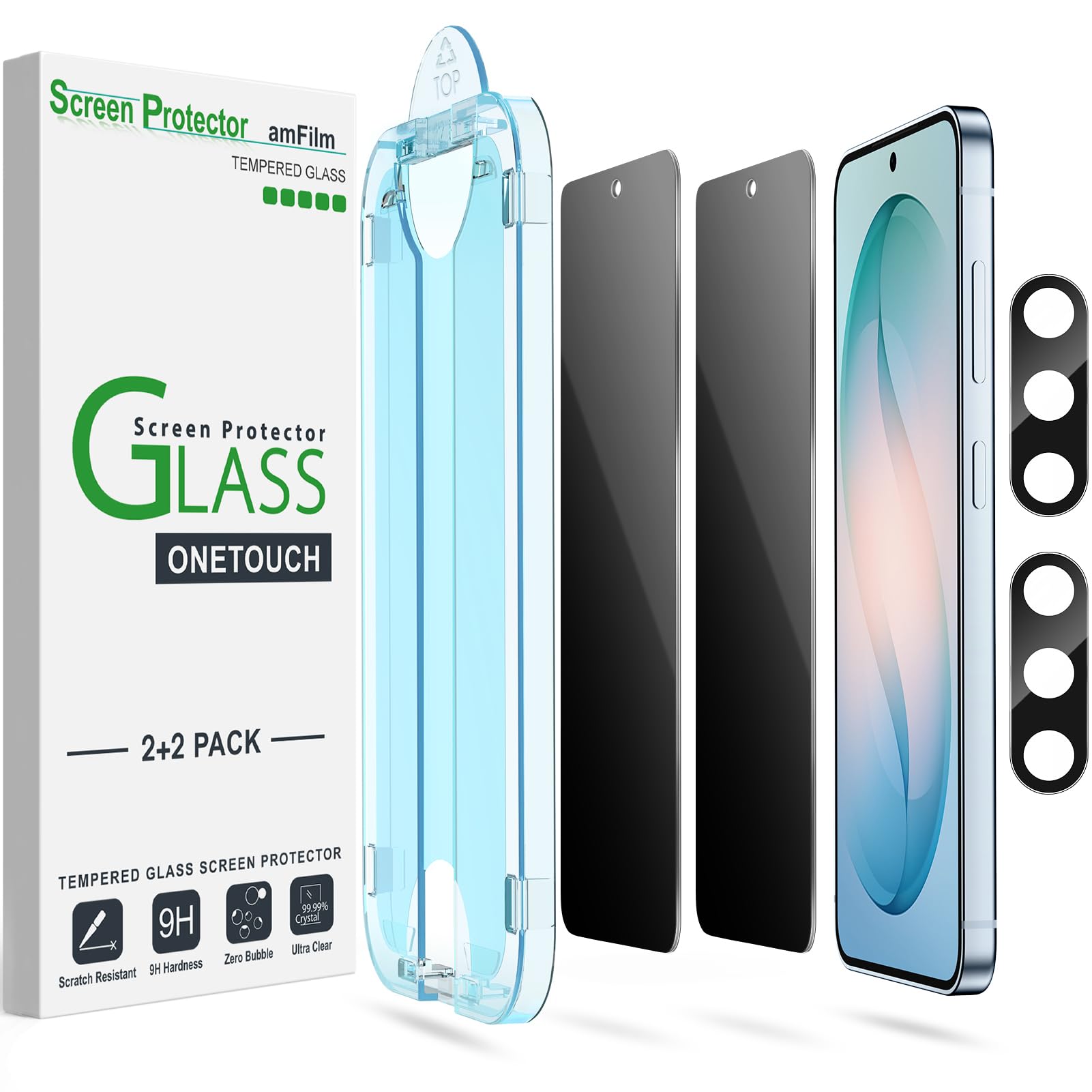 amFilm Auto-Alignment OneTouch for Samsung Galaxy S26 6.3'' Privacy Screen Protector + Camera Lens Protector, Tempered Glass, 30 seconds Installation, Bubble Free, Privacy Protection 2+2 Pack