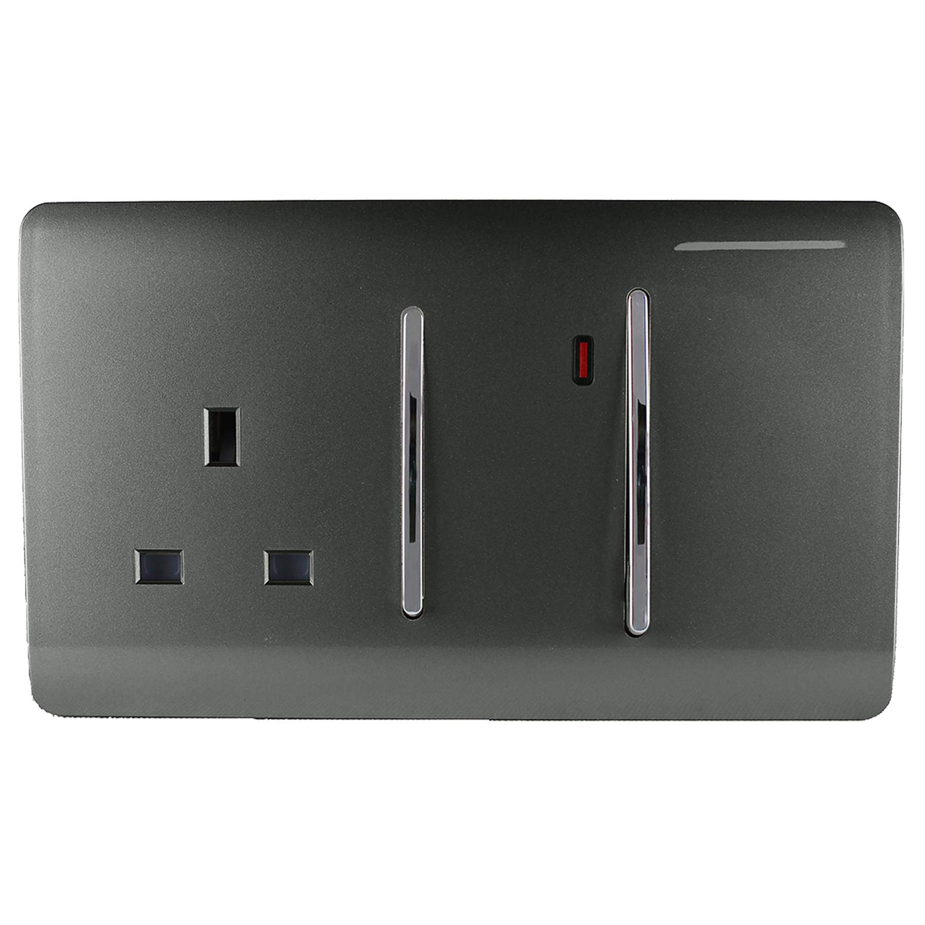 Trendi Switch Screwless Artistic Modern Decorative Glossy 45 A Cooker Switch Control Unit & Single Plug Socket Inc Neon Indicator for Indoor Use in Charcoal Grey - ART-WHS213CH