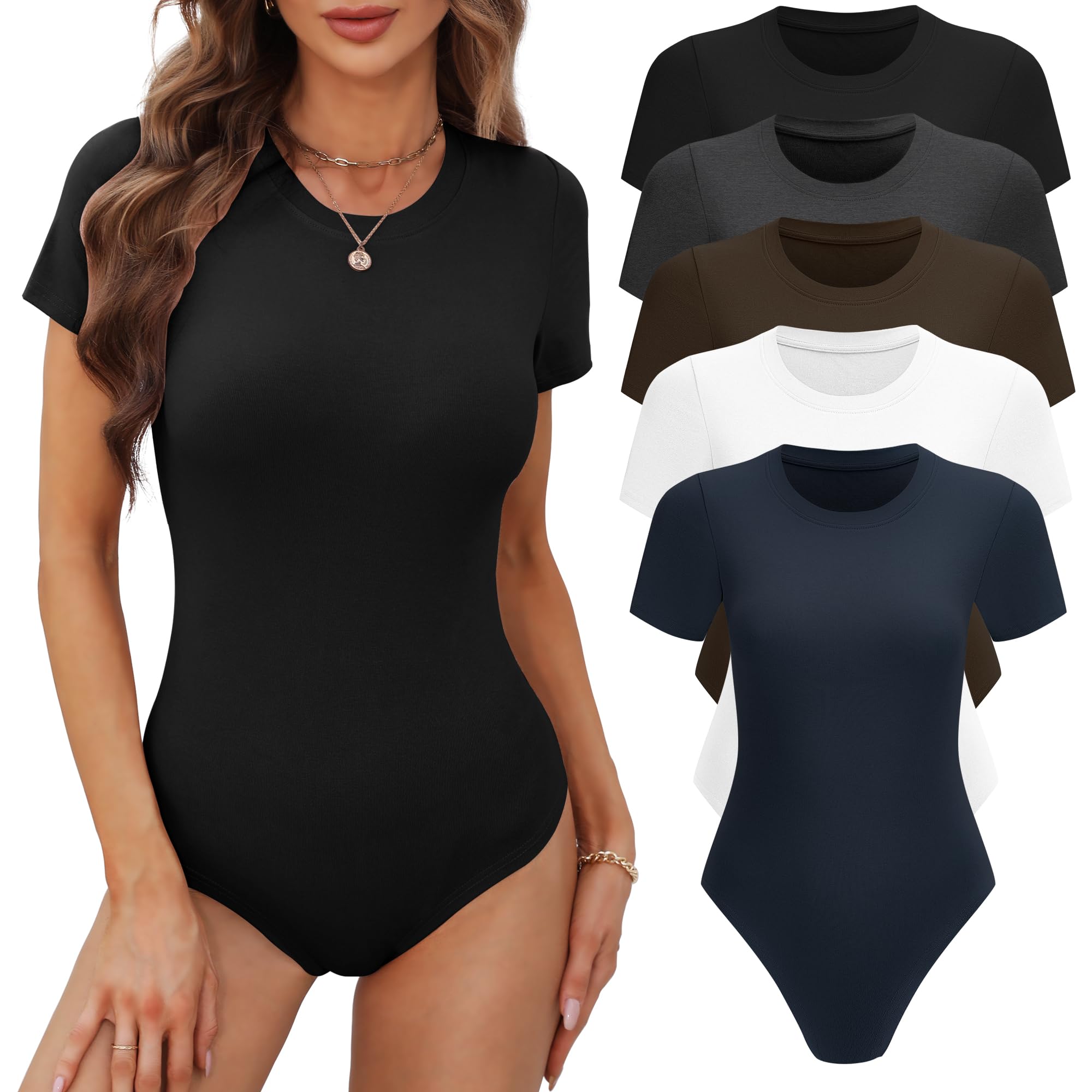 Photo 1 of BALENNZ Women's 5 Pack Short Sleeve Round Neck Bodysuit Tops Crew Neck Basic Casual Tshirt Bodysuits Large
