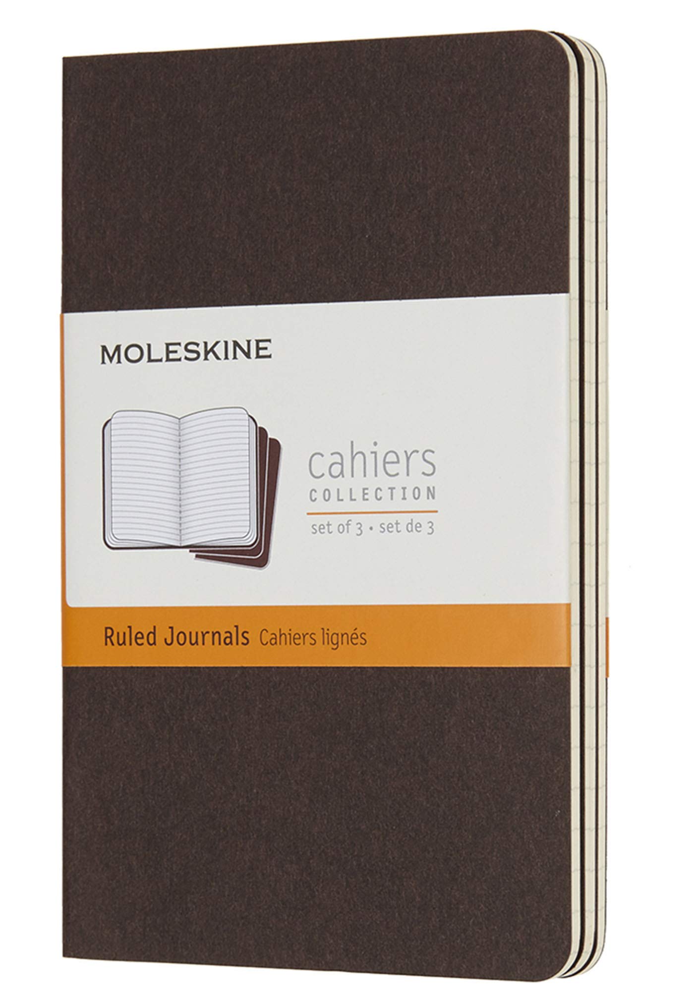 Moleskine notebook with cardboard cover from Cahiers collection, 3 piece set Lined Pocket Coffee brown