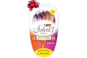 BIC Soleil 3 Colors Women's Disposable 3 Blade Razors, Aloe Vera & Vitamin E Lubricating Strip, Colorful Stocking Stuffers, 8-Pack
