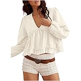 WDIRARA Women's V Neck Long Bishop Sleeve Babydoll Blouse Ruffle Peplum Tops
