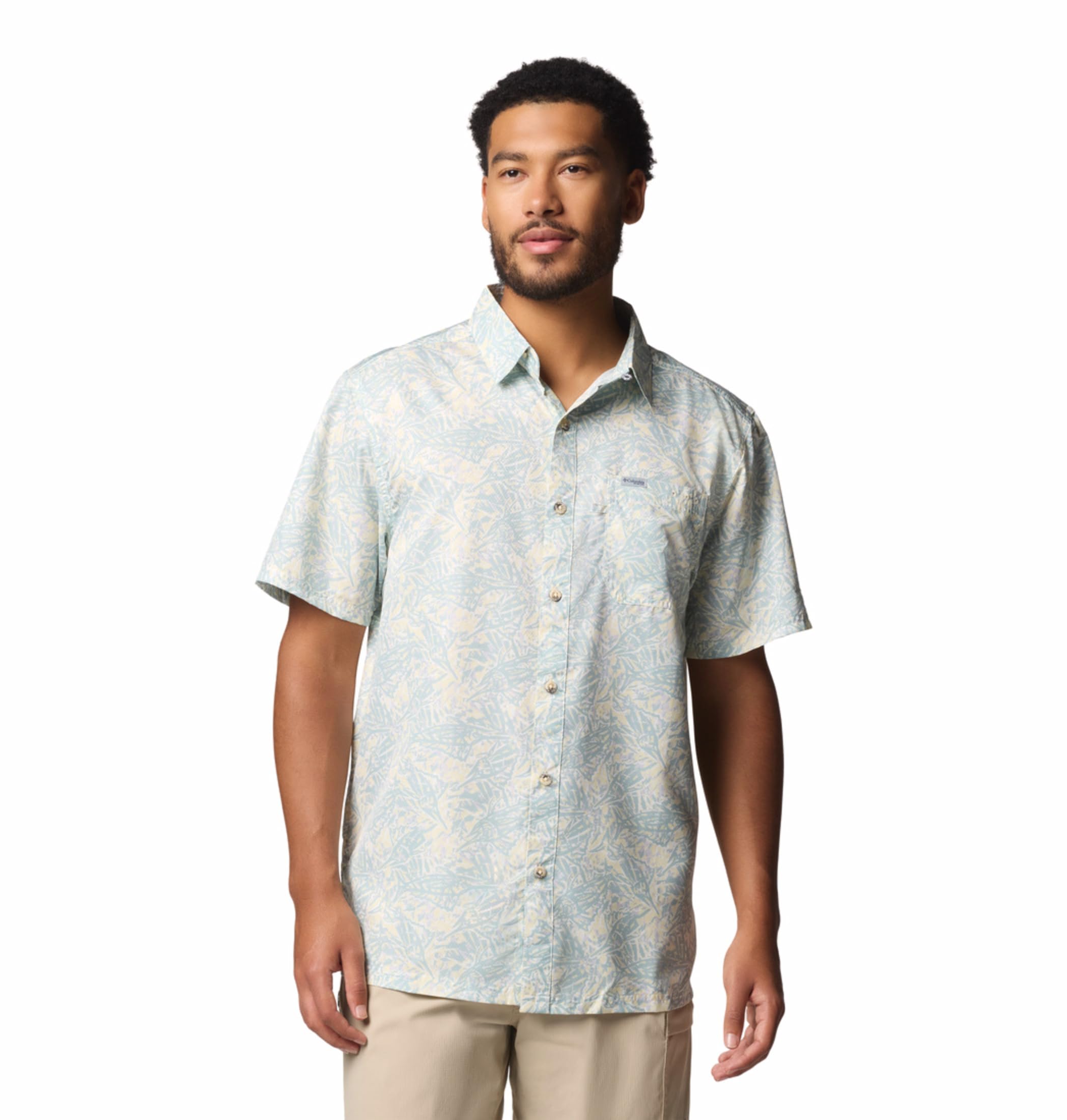 Columbia Mens PFG Super Slack Tide Camp Shirt, Lemon Wash Marlin Palms, 2X