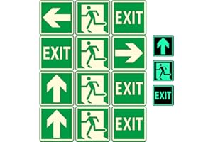 12 Pack Self-Adhesive Emergency Exit Sign with Arrow 6x6 Inch, Acrylic Exit Photoluminescent Small Sign Glow in the Dark Stic