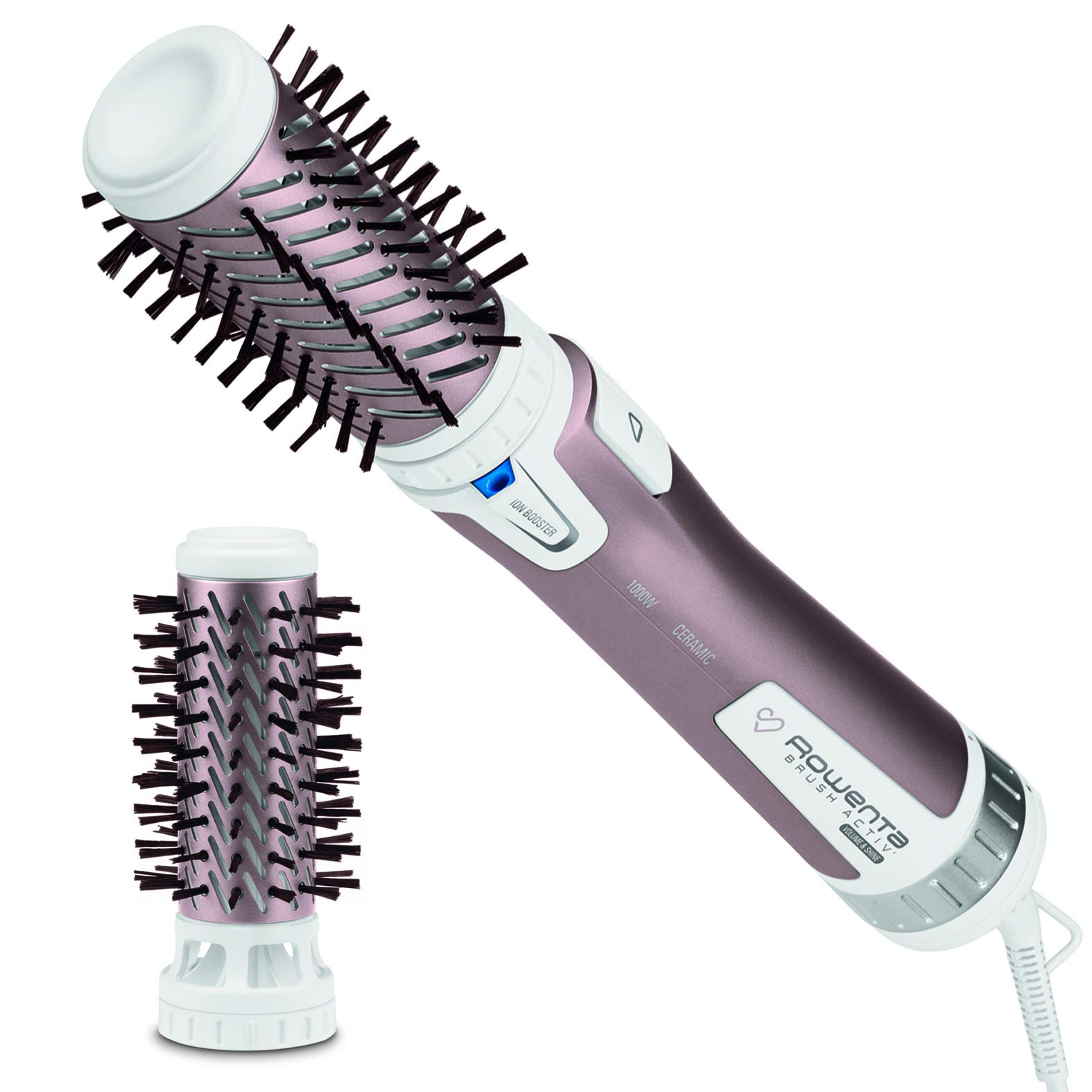 Rowenta Brush Activ Premium Care rotierende Warmluftbürste, Naturborsten für glänzendes Haar, Kaschmir-Keratin-Beschichtung, 2 Bürstenaufsätze 40mm und 50mm, 3 Stufen, Föhnbürste, weiß, CF9540