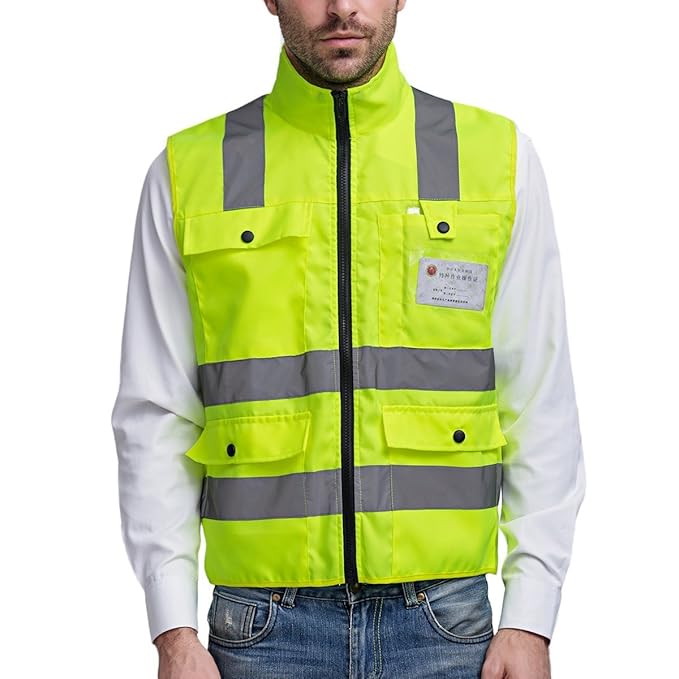 Panegy Mens High Visibility Safety Vest Pockets With Zipper Front And