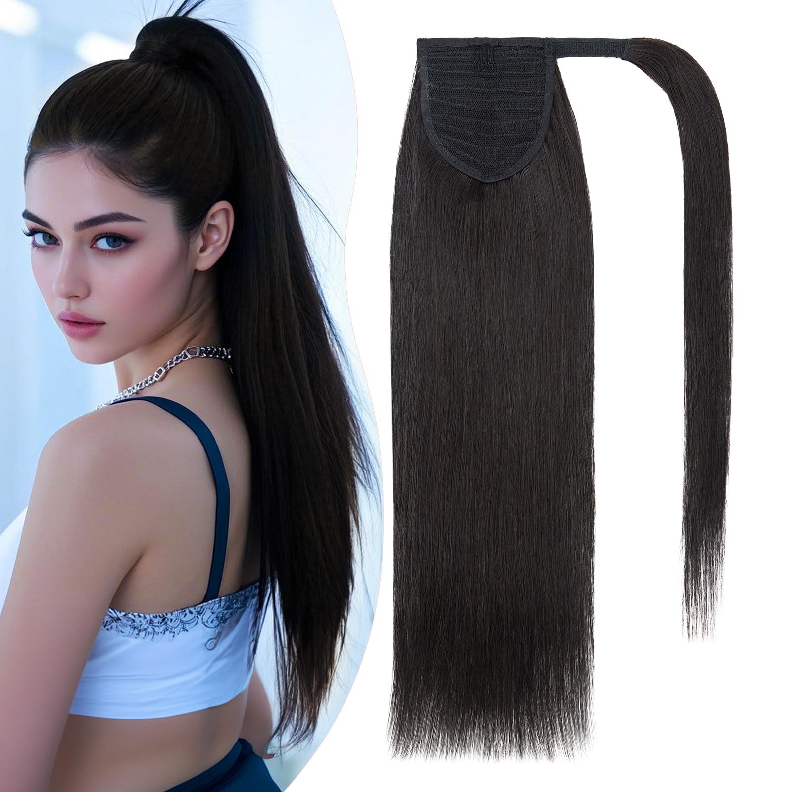 Photo 1 of S-noilite Wrap Around Ponytail Extension 100% Real Remy Human Ponytail Extensions Long Straight Clip in Human Hair Ponytail 95Grams #1B Natural Black 22inch