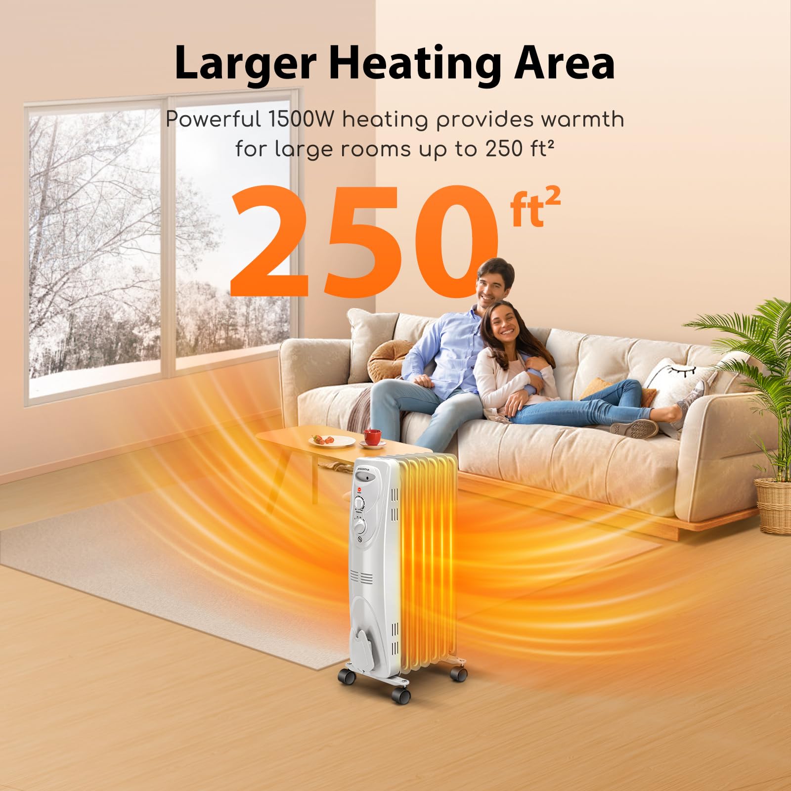 Aigostar 1500W Oil Heater 7-Fin Safe Heat, 3 Heat Setting Space Heater Adjustable Thermostat, Overheat & Tip-Over Protection, Heat Up 250 Square Feet, Quiet Oil Filled Radiator Heater for Indoor Use