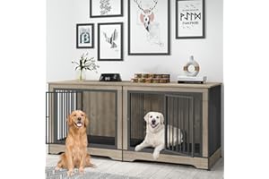 Yafylly 3-in-1 75 Inch Double Dog Crate Furniture for 2 Large Dogs Durable Grey TV Stand Dog Crate with Trays and Divider