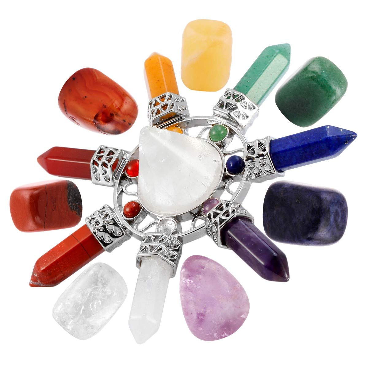 mookaitedecor Natural 7 Chakra Crystals Set with Clear Quartz Pyramid, Healing Crystal Chakra Gifts Set for Women Reiki Meditation Spiritual Gift Witch Gift Witchcraft Supplies Chakra Room Decors