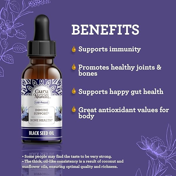 GURUNANDA BLACK SEED OIL, COLD-PRESSED NIGELLA SATIVA – RICH IN VITAMIN D3 5000 UNITS, K2 & E, HIGH THYMOQUINONE | POTENT ANTIOXIDANT FOR IMMUNE SUPPORT, NON-GMO, 2 FL.OZ