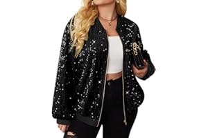 IN'VOLAND Womens Sequin Jacket Plus Size Sparkle Long Sleeve Jackets Front Zip Loose Casual Blazer Bomber Jacket with Pockets