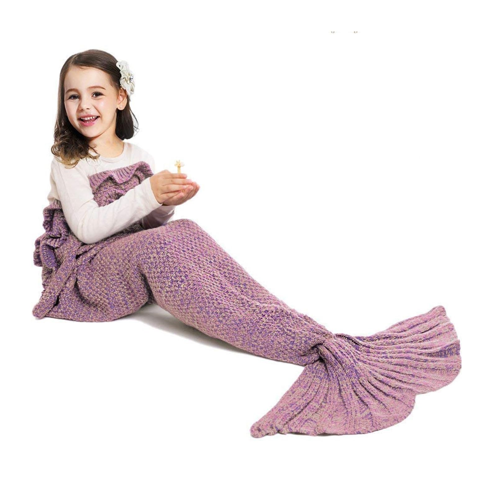 AOSUCO Handmade Knitted Mermaid Tail Blanket,Warm Sofa Quilt Living room blanket for Adults and Kids 140 * 70cm (55.1 inch x27.5 inch) (Kids-Dark pink)