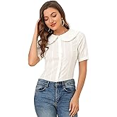 Allegra K Women's Peter Pan Collar Swiss Dots Short Sleeves Button Front Shirt Blouse