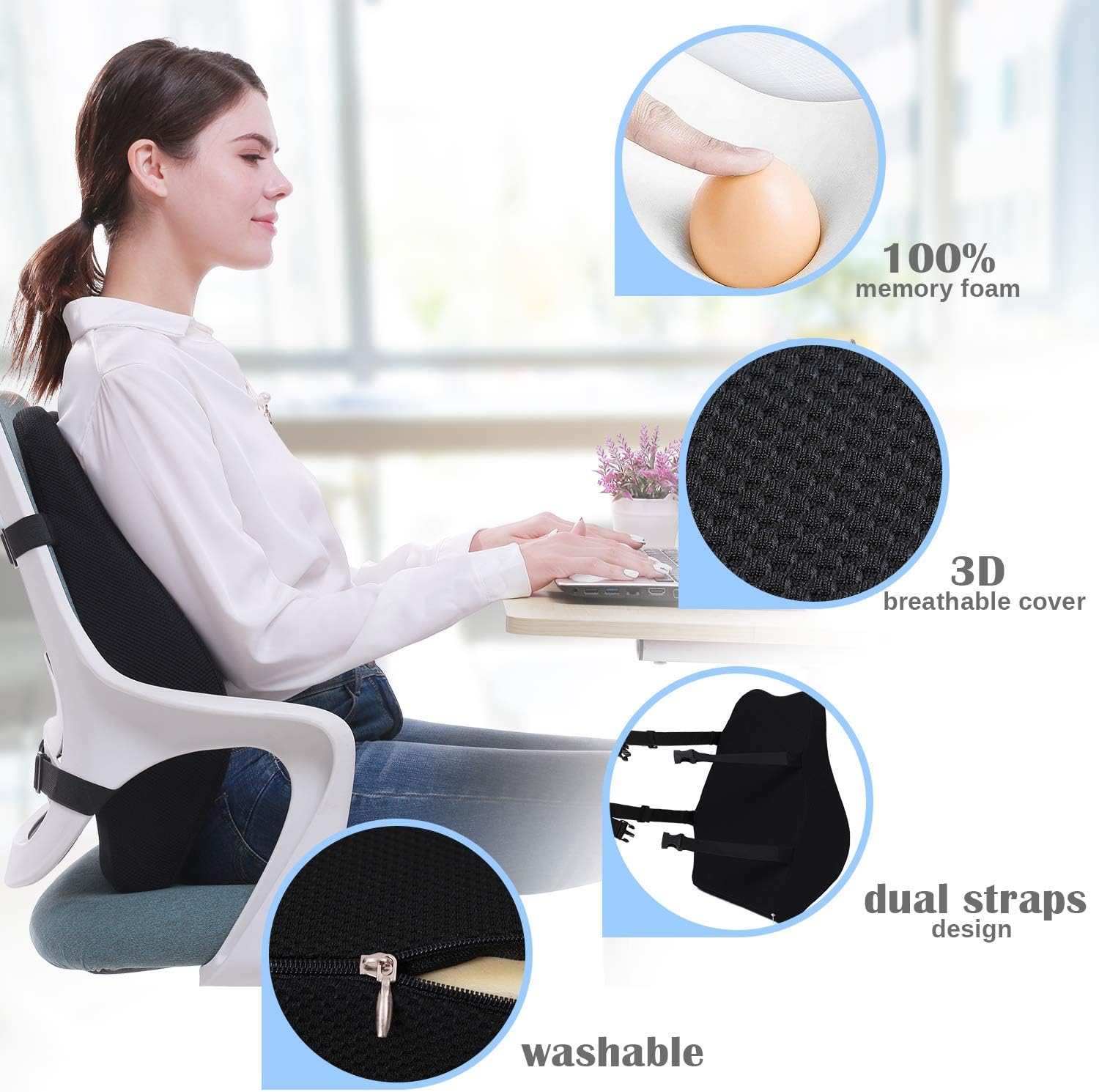 Lumbar Support Pillow for Office Chair,Memory Foam Back Cushion for Car Seat,Chair,Computer Desk Chairs,Large Ergonomic Back Pillow for Back Pain Relief,Dual Available Straps with 3D Cover Black: Home & Kitchen